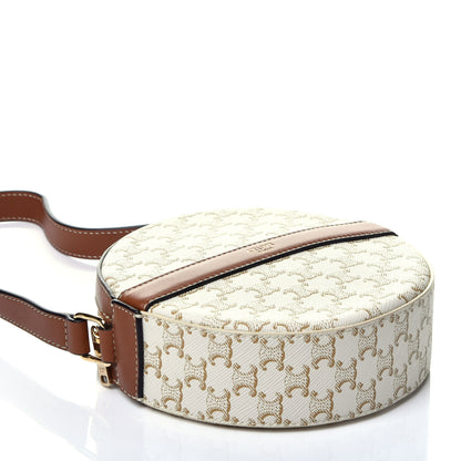 Celine Lambskin Triomphe Canvas Round Purse On Strap White Tan 4 of 9