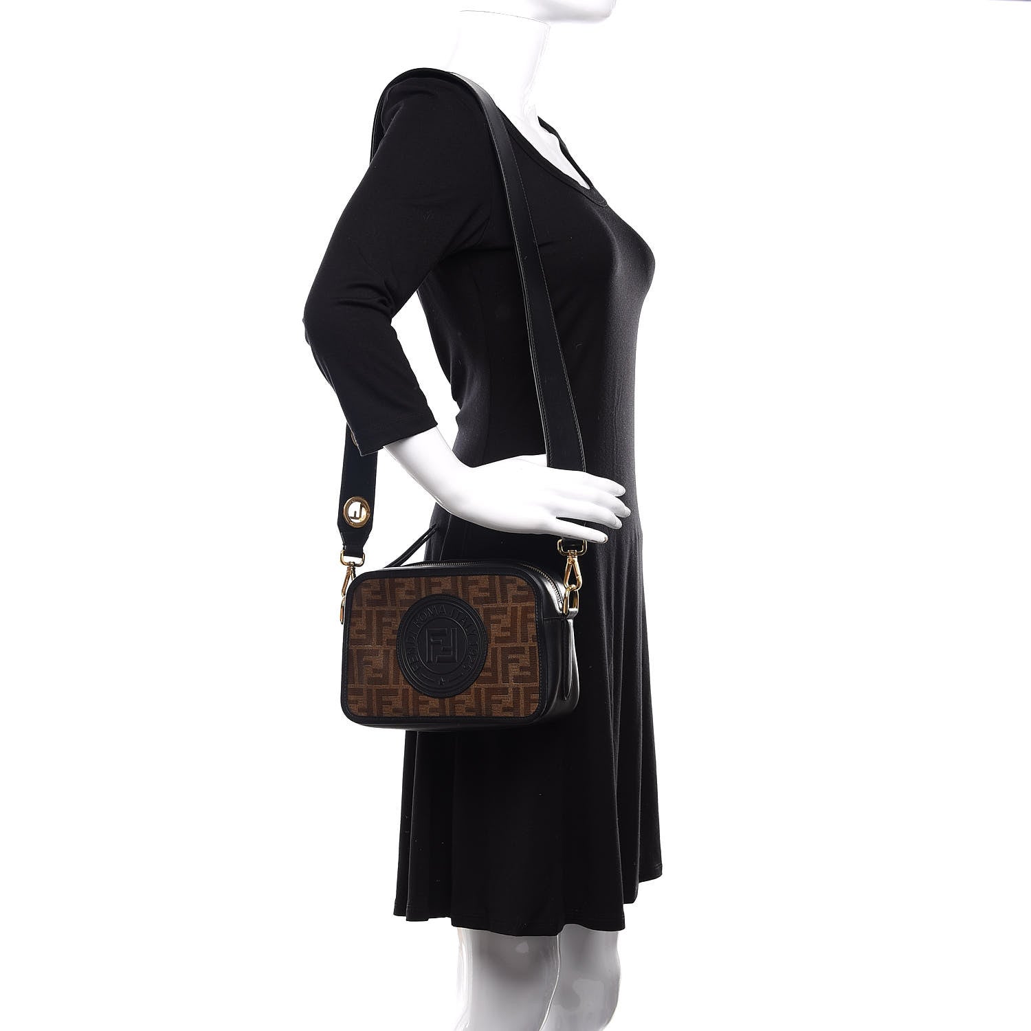 Fendi Glazed Fabric Vitello Century F is Fendi FF 1974 Stamp Patch Camera Case Mogano Panna Black 2 of 12