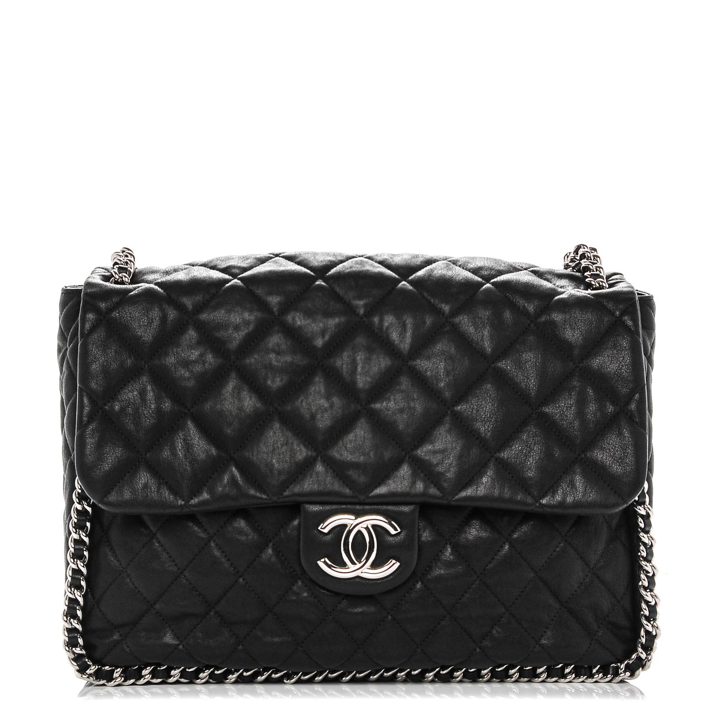 Washed Lambskin Quilted Maxi Chain Around Flap Black