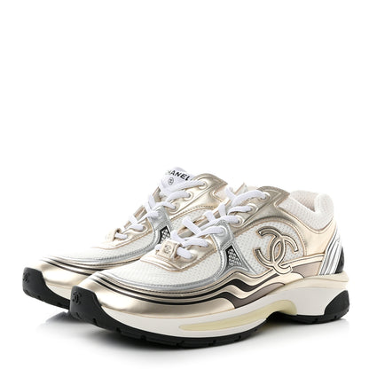 Chanel Fabric Laminated Calfskin Stretch CC Womens Sneakers 38 White Gold Silver 3 of 9