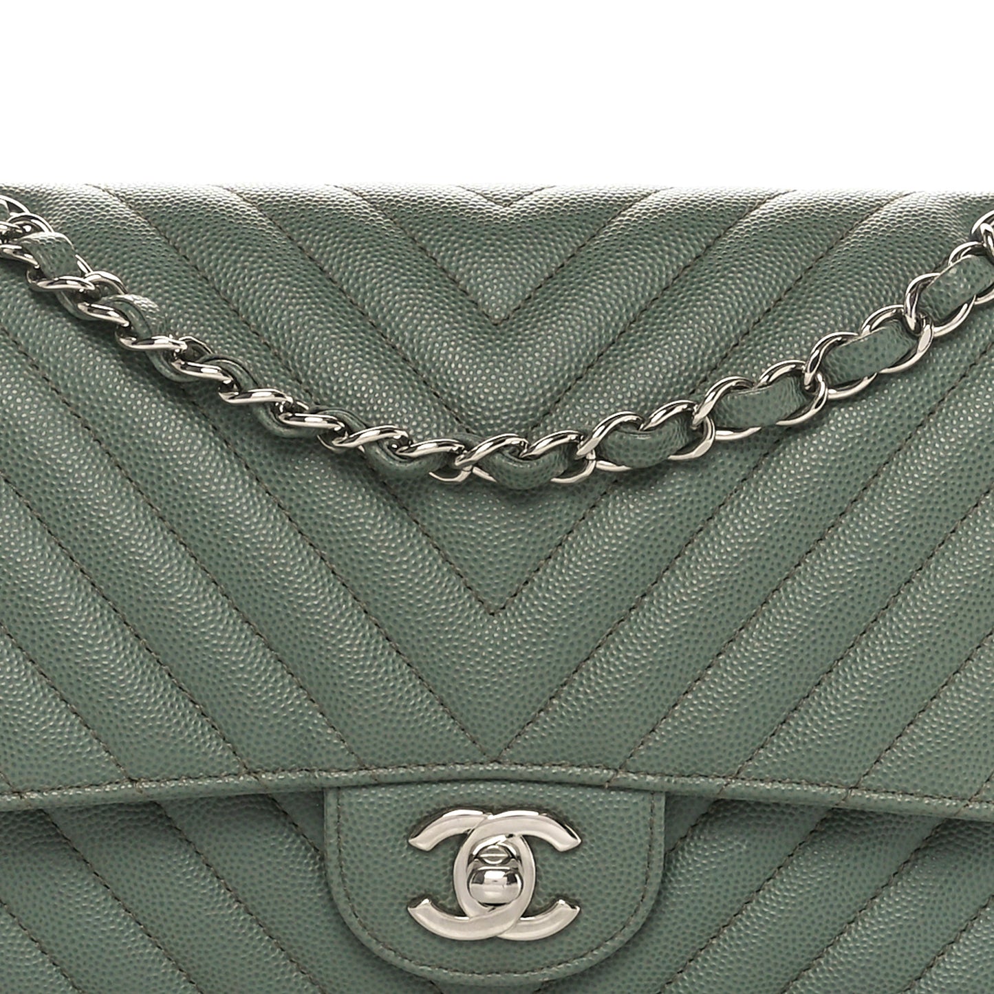 Caviar Chevron Quilted Medium Double Flap  Green