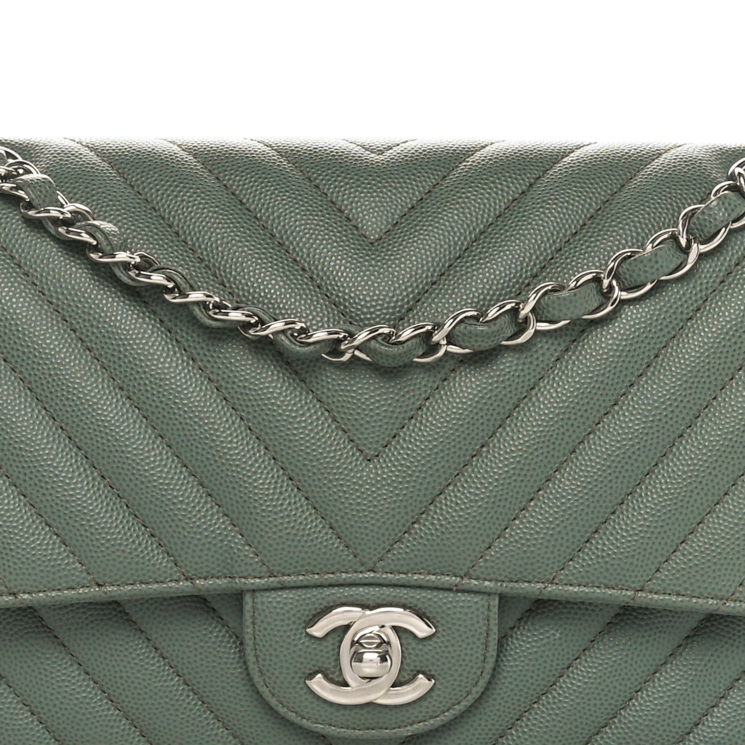 Chanel Caviar Chevron Quilted Medium Double Flap  Green 8 of 10