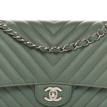 Chanel Caviar Chevron Quilted Medium Double Flap  Green 8 of 10