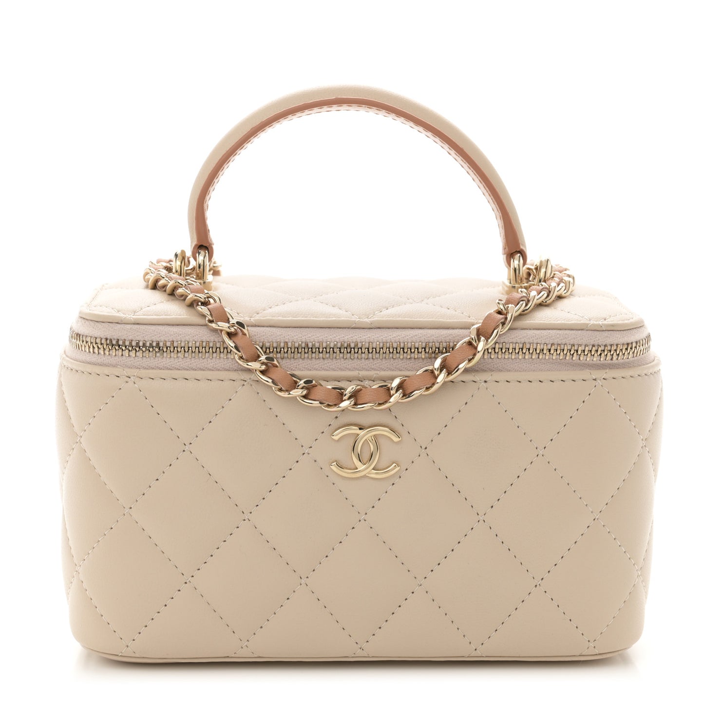 Lambskin Quilted Small Top Handle Vanity Case With Chain Ecru Dark Beige