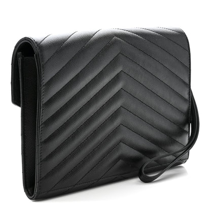 Saint Laurent Grain De Poudre Matelasse Chevron Monogram Envelope Clutch Black 3 of 10