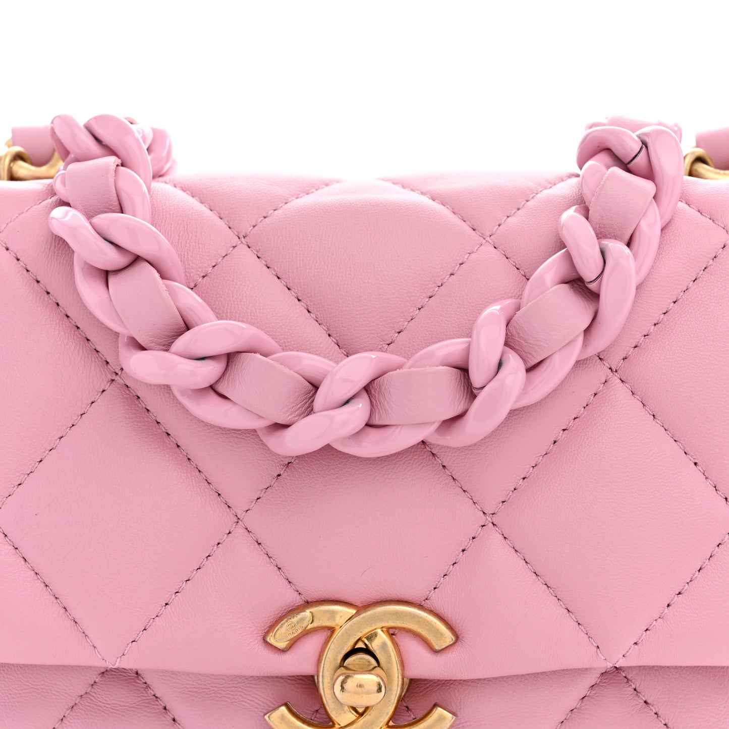 Lambskin Quilted Mini Lacquered Chain Flap Pink