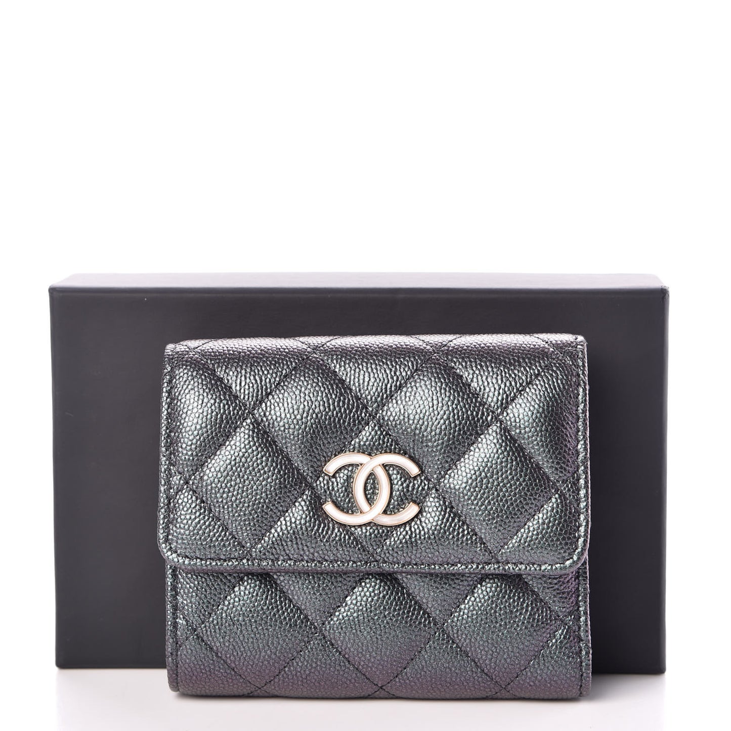 Iridescent Caviar Quilted Wallet Black