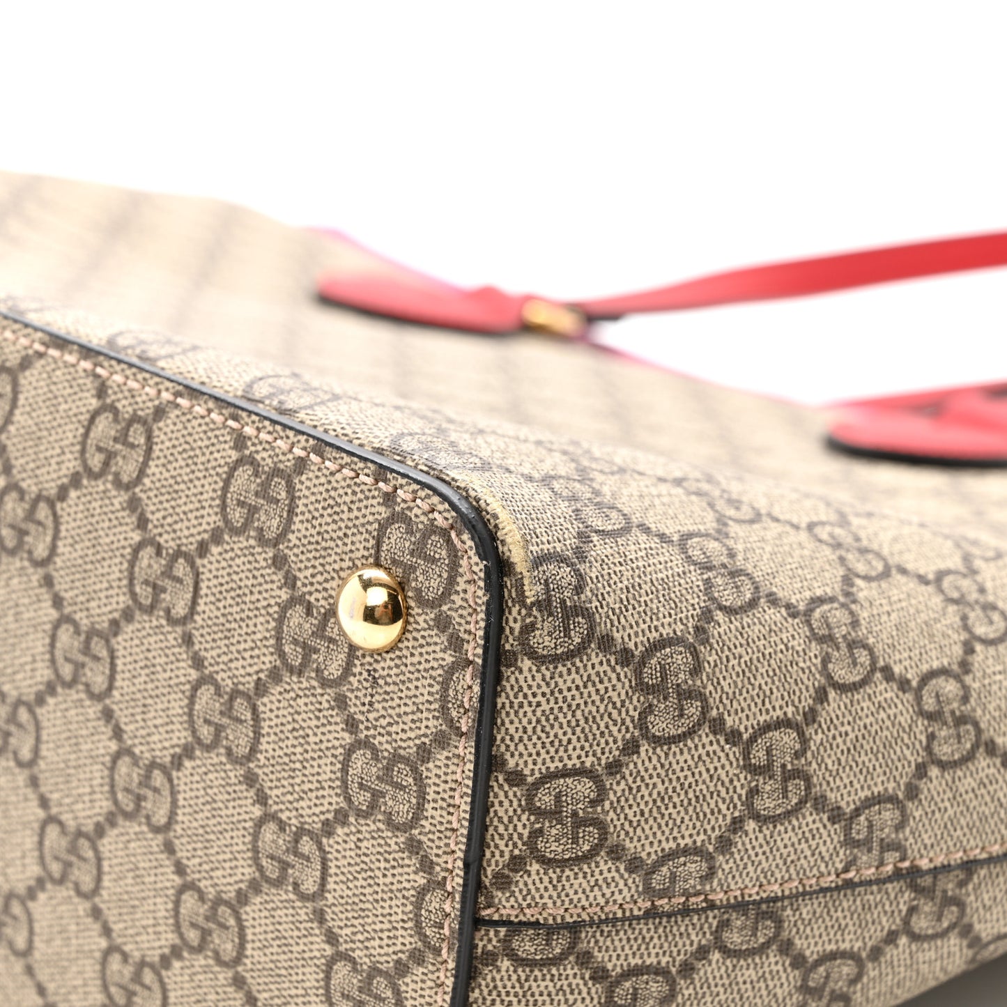 GG Supreme Monogram Medium Zippered Bucket Tote Beige Hibiscus Red New Rosette