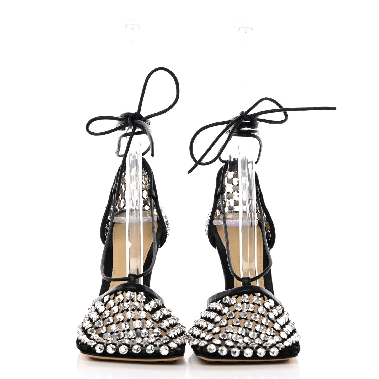 Mesh Nappa Crystal Embellished Sparkle Stretch Ankle Tie Sandals 35 Black