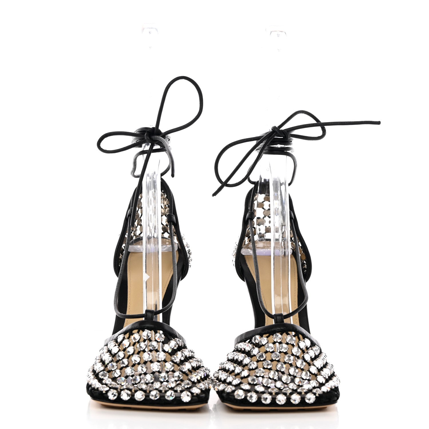 Bottega Veneta Mesh Nappa Crystal Embellished Sparkle Stretch Ankle Tie Sandals 35 Black 2 of 12