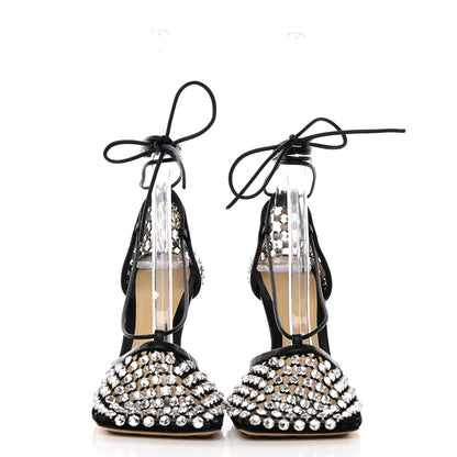 Bottega Veneta Mesh Nappa Crystal Embellished Sparkle Stretch Ankle Tie Sandals 35 Black 2 of 12