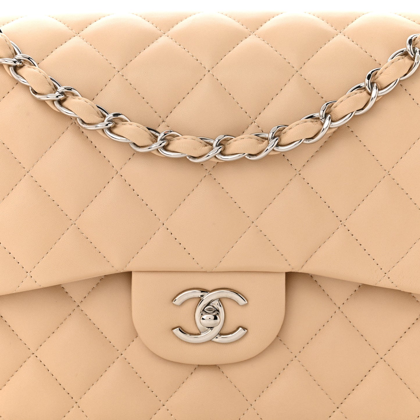 Lambskin Quilted Jumbo Double Flap Beige