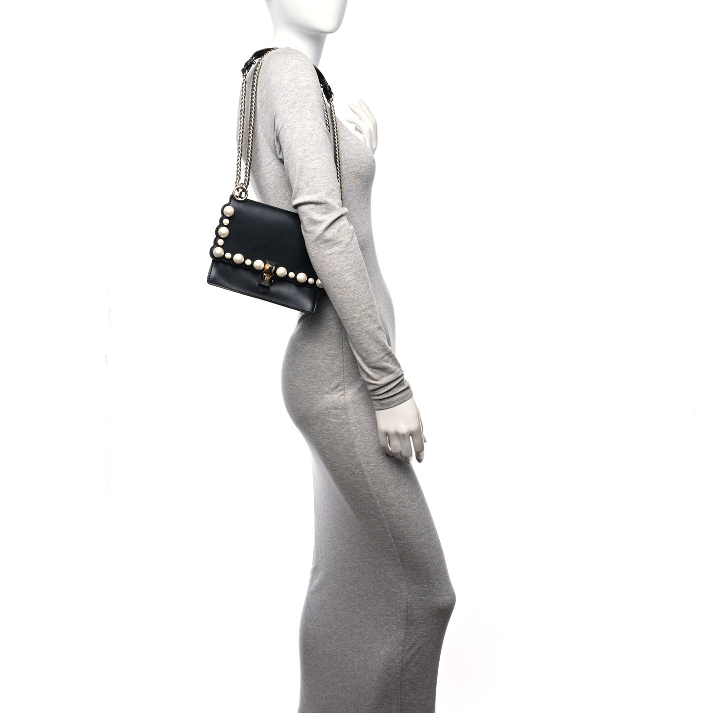 Vitello Liberty Pearl Scalloped Studded Small Kan I Shoulder Bag Black