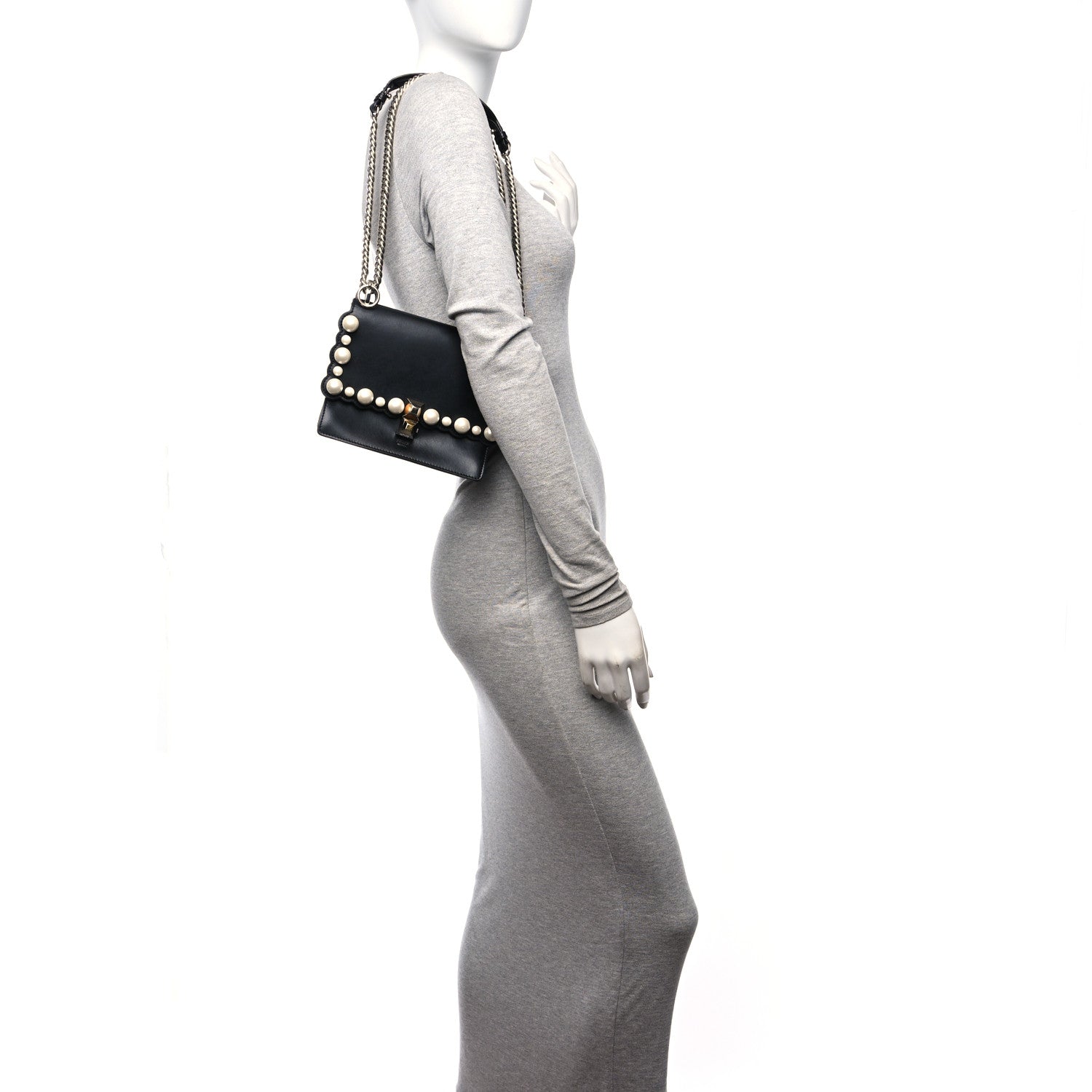 Fendi Vitello Liberty Pearl Scalloped Studded Small Kan I Shoulder Bag Black 3 of 11