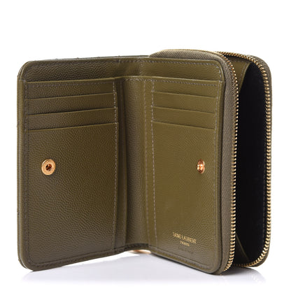 Saint Laurent Grain De Poudre Matelasse Chevron Monogram Compact Zip Around Wallet Vert Kaki 5 of 9