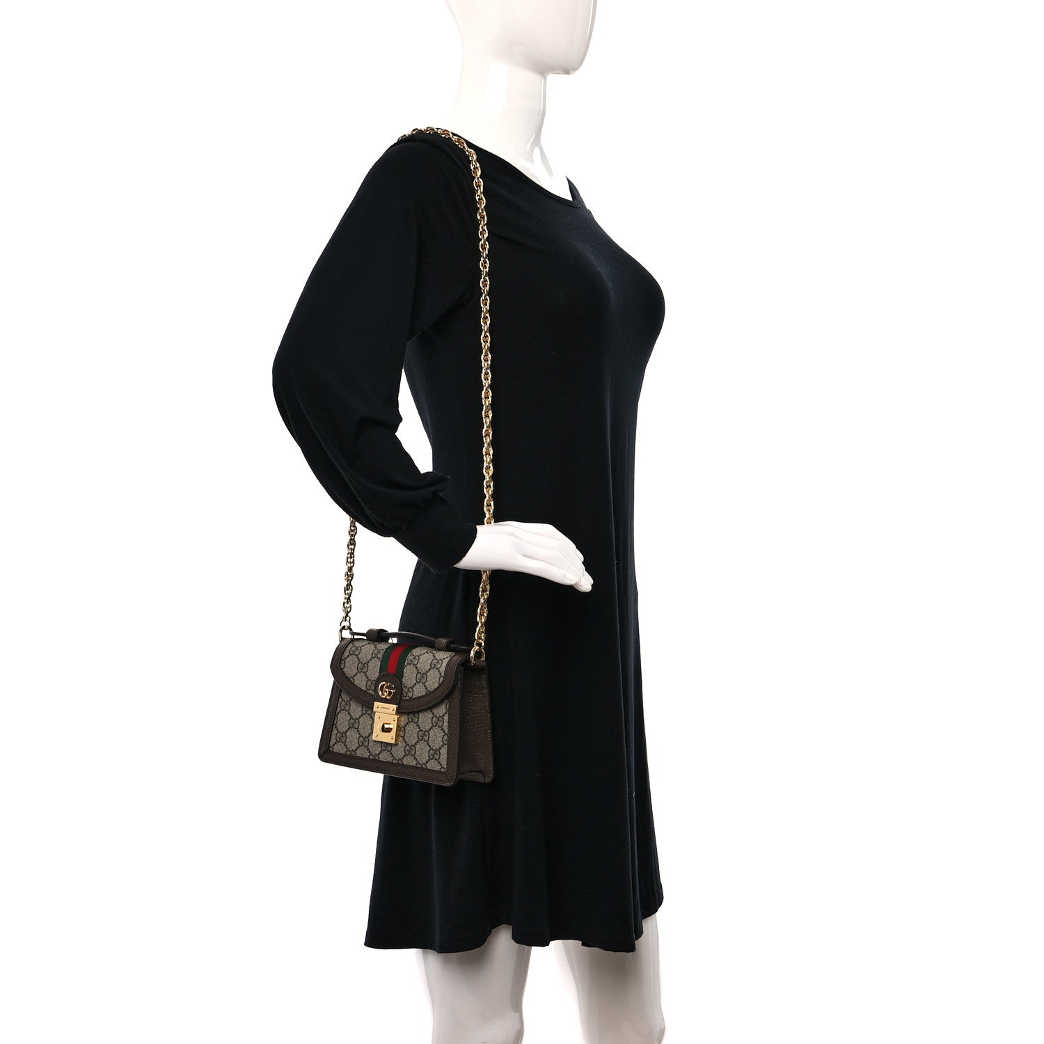 Gucci GG Supreme Monogram Textured Dollar Calfskin Web Mini Ophidia Padlock Top Handle Chain Shoulder Bag Beige Ebony New Acero 2 of 9