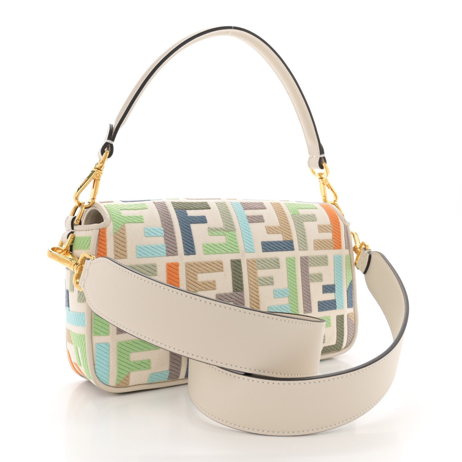 Fendi Canvas Vitello Seta FF Multicolor Embroidered Baguette Grezzo Multicolor Latte 3 of 13