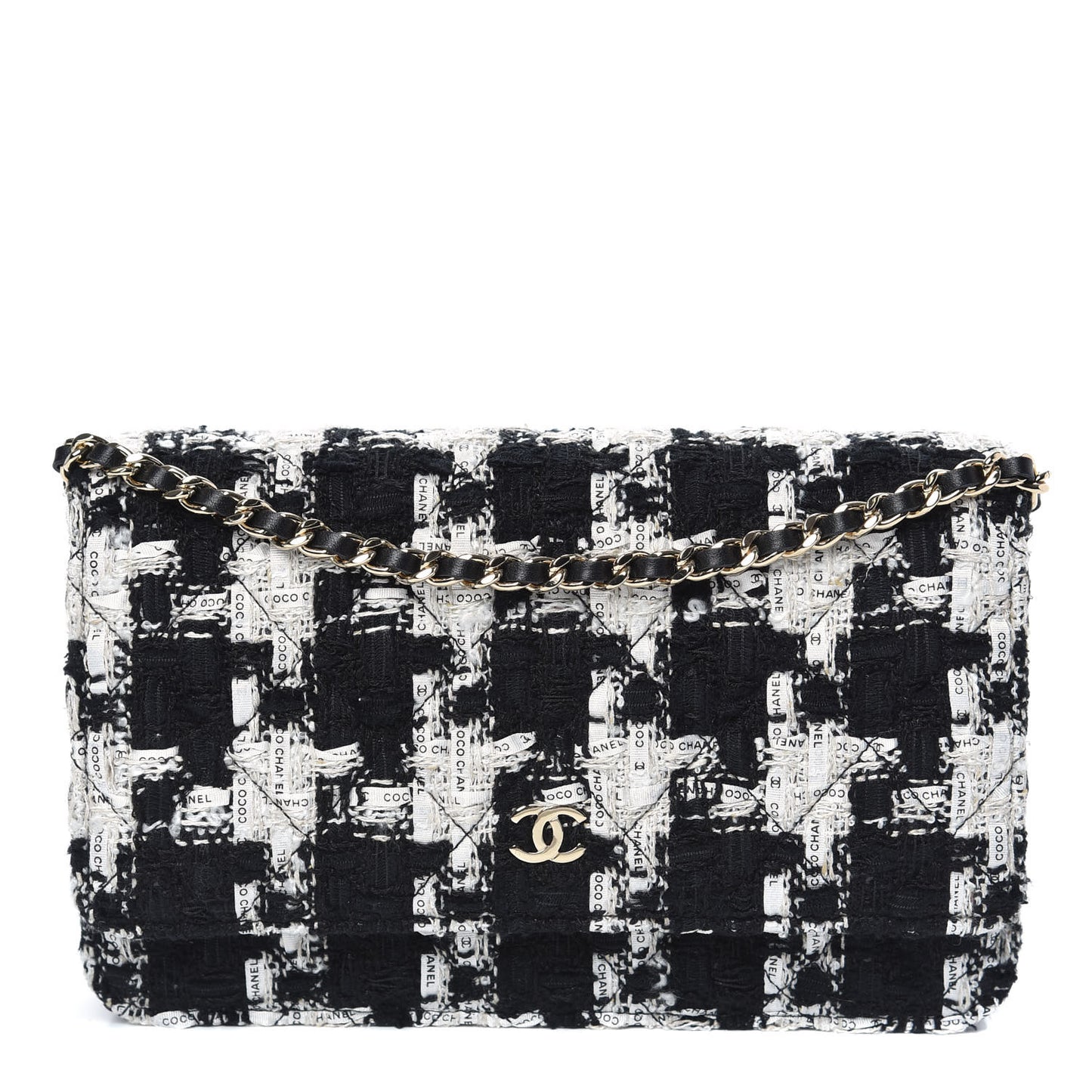 Tweed Quilted Wallet On Chain WOC Black Ecru White