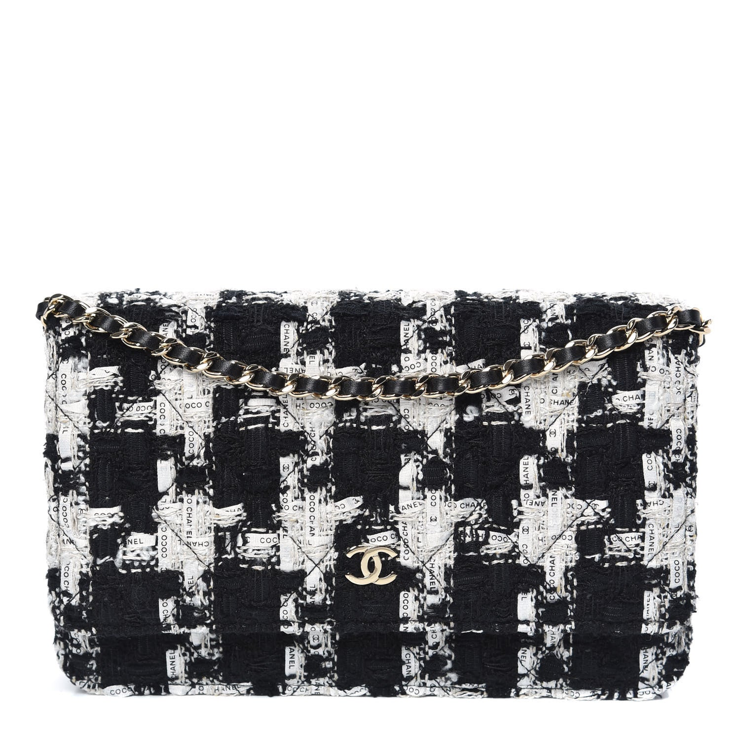 Chanel Tweed Quilted Wallet On Chain WOC Black Ecru White 1 of 11