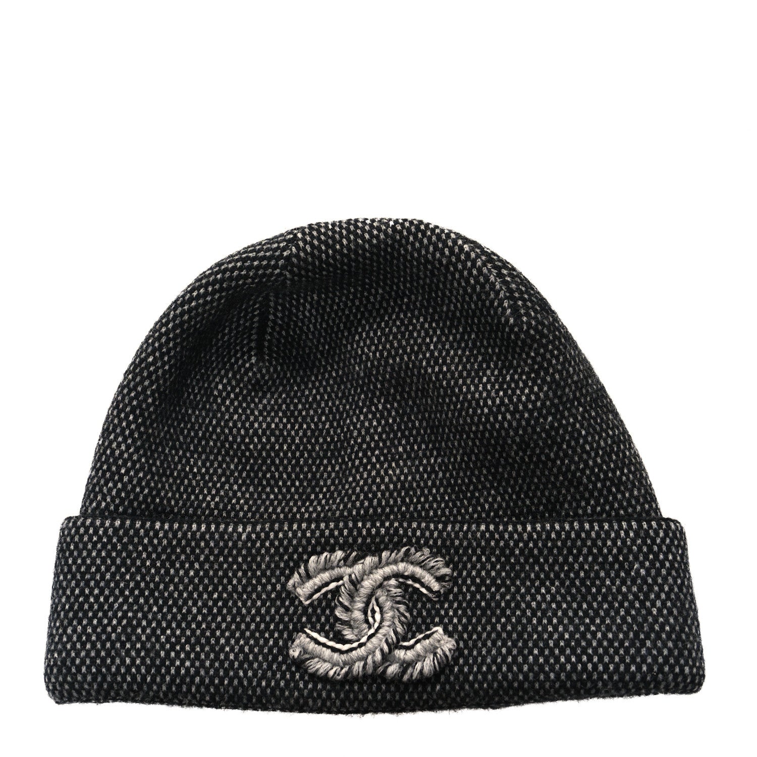 Chanel Cashmere Wool CC Beanie Hat Black Grey 1 of 4
