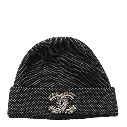 Chanel Cashmere Wool CC Beanie Hat Black Grey 1 of 4