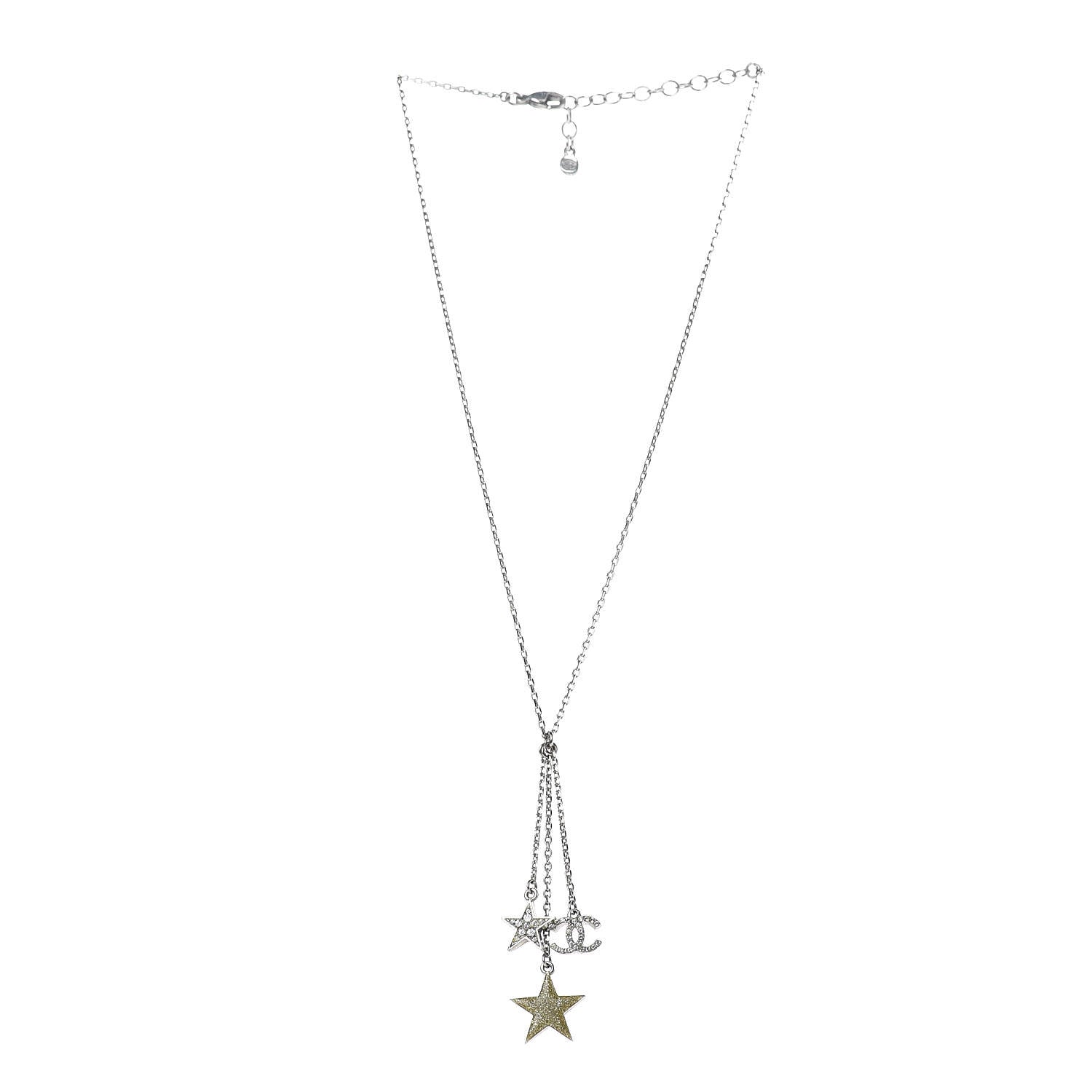 Chanel Crystal Glitter Star CC Pendant Necklace Silver Gold 3 of 6