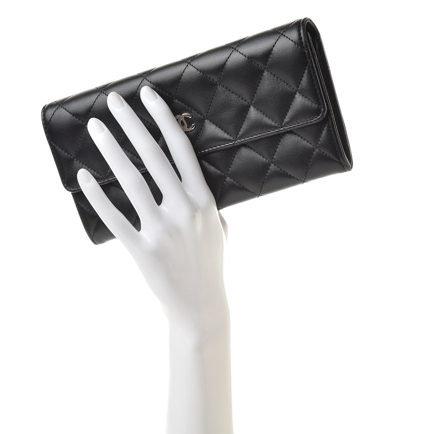 Lambskin Quilted Large Gusset Flap Wallet Black