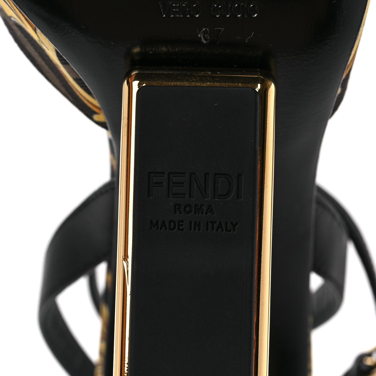 X VERSACE Silk Calfskin Fendace Fendi First 95mm Slingback Sandals 37 Tobacco Black Gold