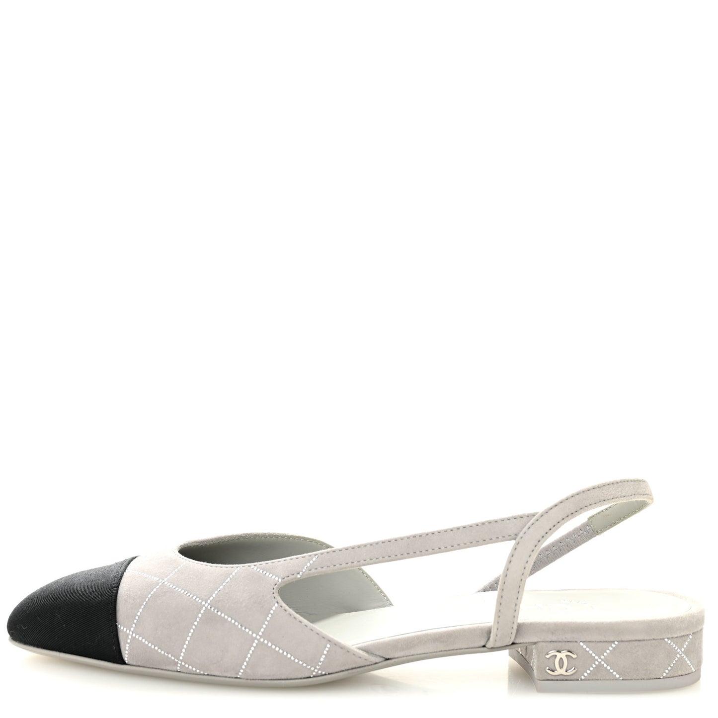 Suede Crystal Grosgrain Cap Toe CC Slingback Flats 36 Gray Silver Black