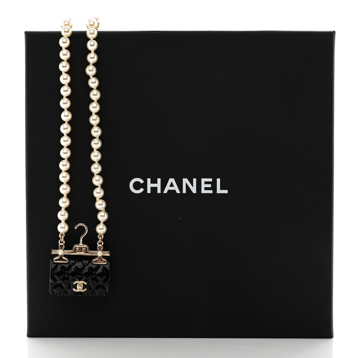 Chanel Pearl Metal Resin Quilted Flap Bag Necklace Gold Black Pearly White 5 of 5