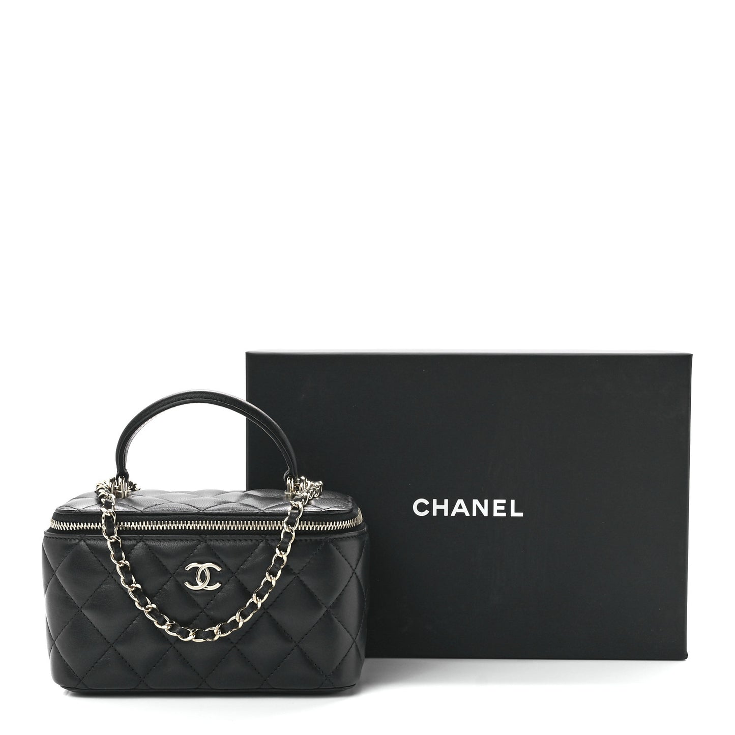 Lambskin Quilted Small Top Handle Vanity Case With Chain Black