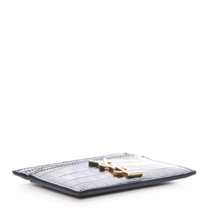 Saint Laurent Calfskin Crocodile Embossed Monogram Credit Card Case Black 4 of 8