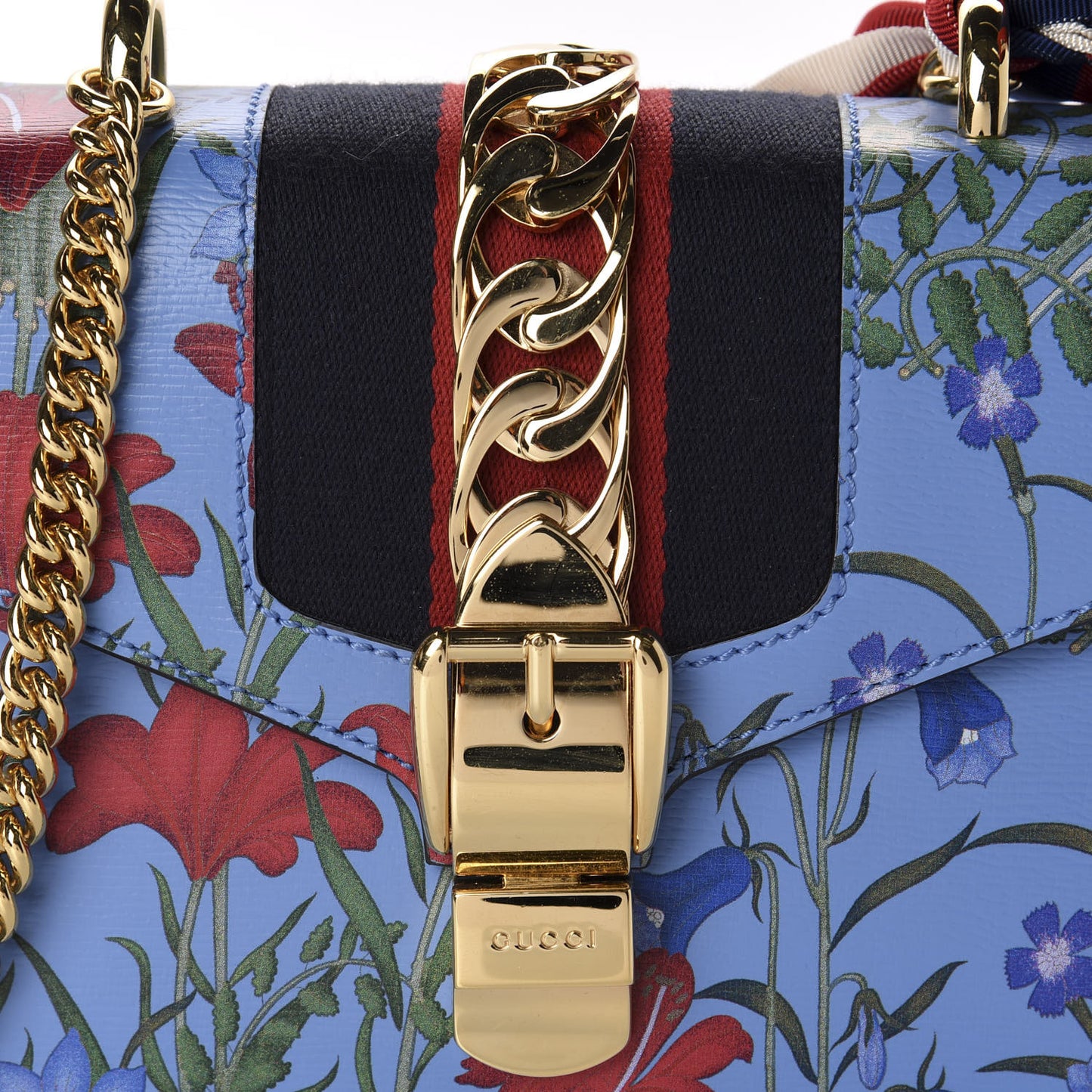 Shangai Calfskin Web New Flora Mini Sylvie Chain Shoulder Bag Azure