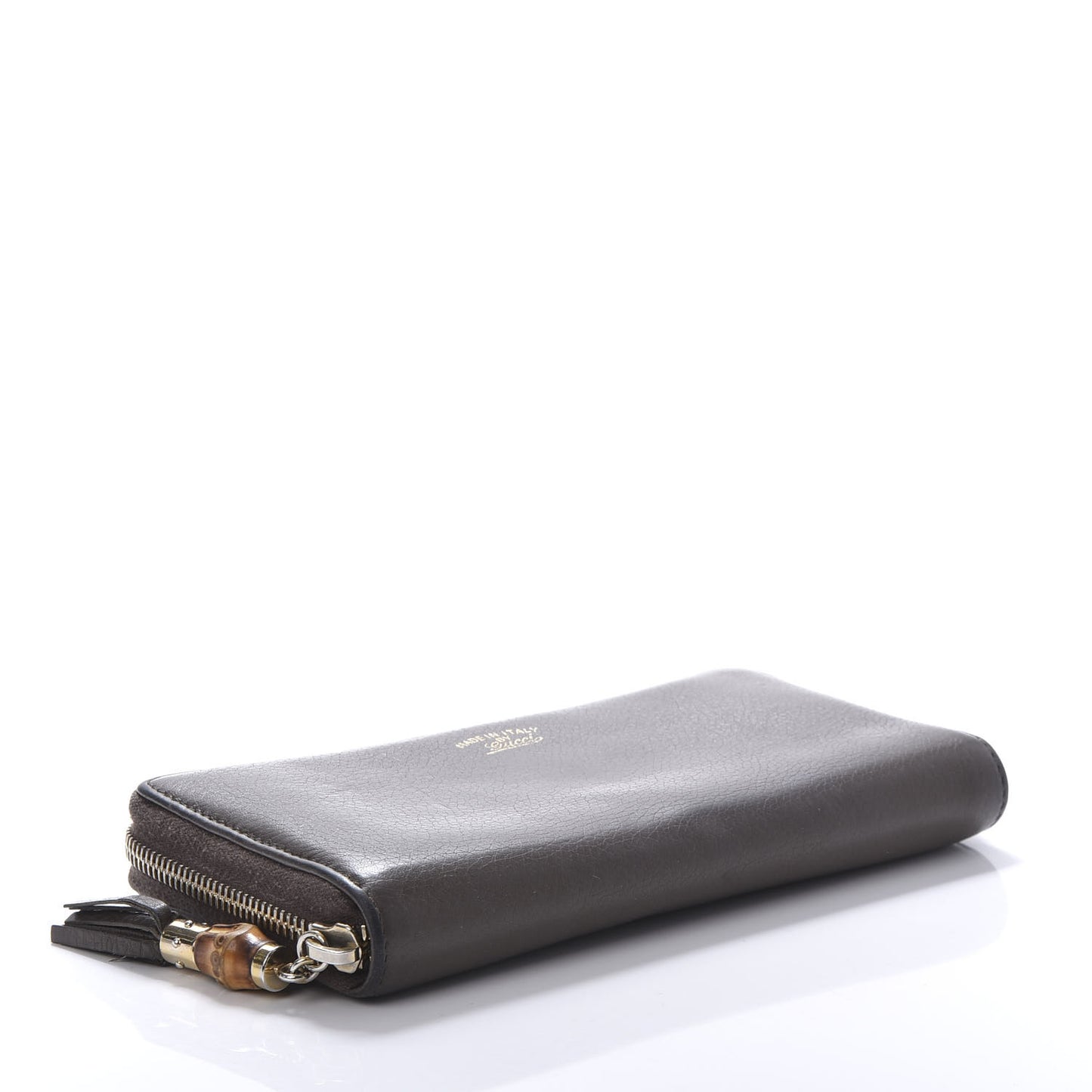 Dollar Calfskin Bamboo Tassel Zip Around Wallet Grey Field