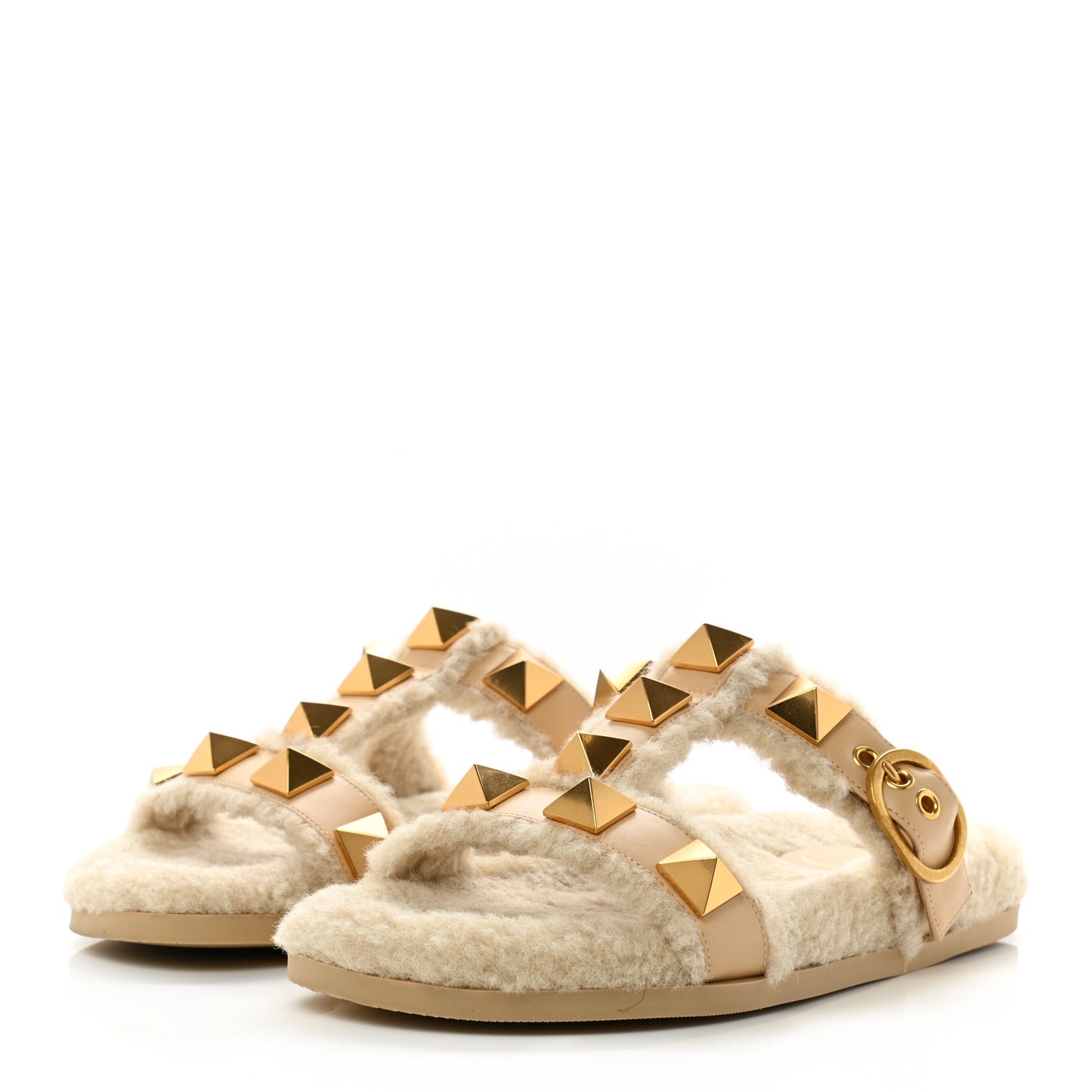 Shearling Roman Stud Slide Sandals 37 Sahara Beige