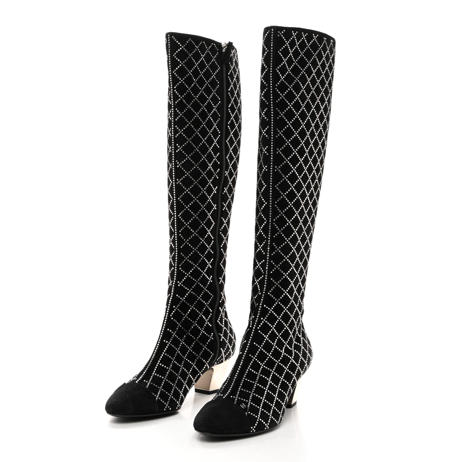 Chanel Kid Suede Strass Knee High Boots 38.5 Black 3 of 11