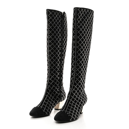 Chanel Kid Suede Strass Knee High Boots 38.5 Black 3 of 11