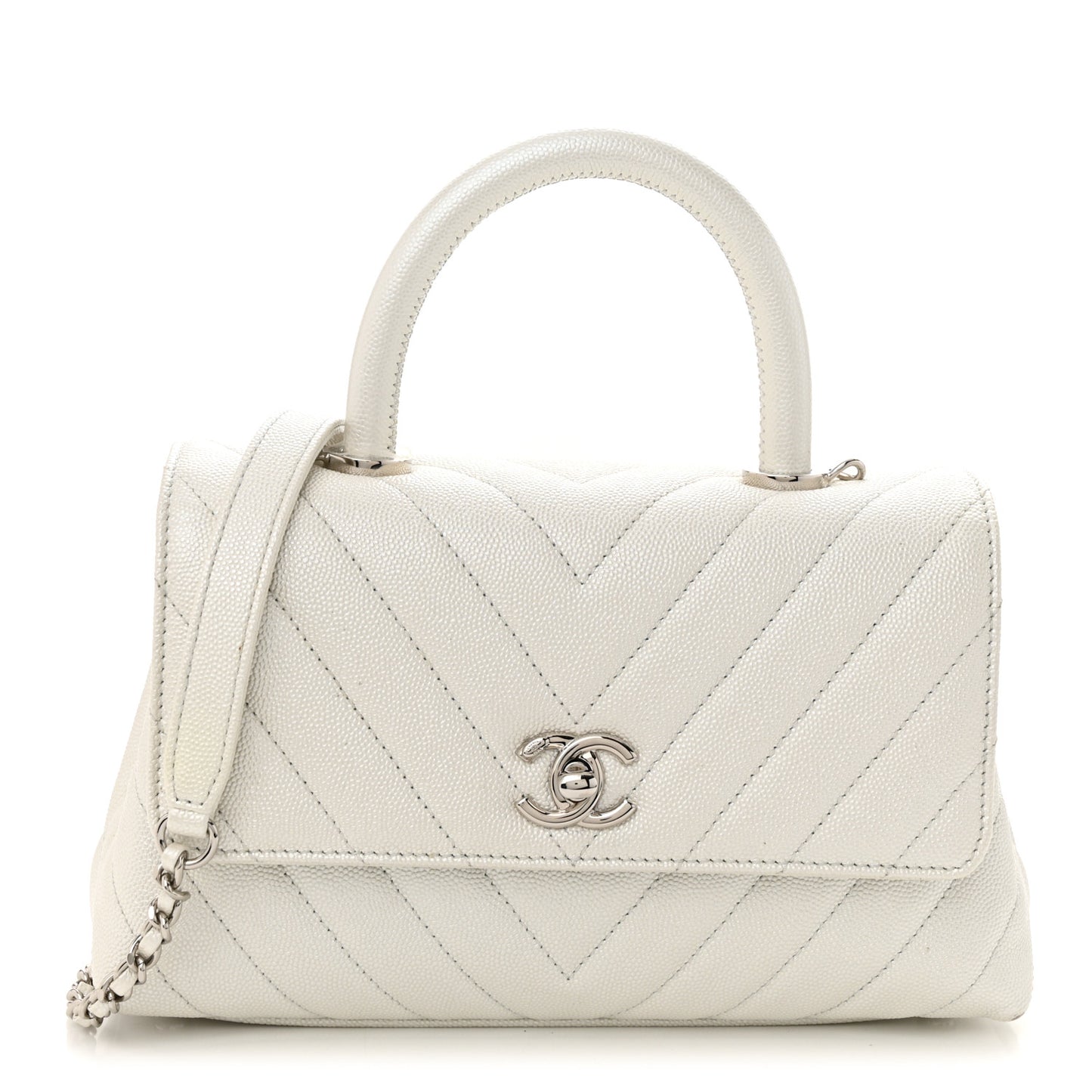 Iridescent Caviar Chevron Quilted Mini Coco Handle Flap White