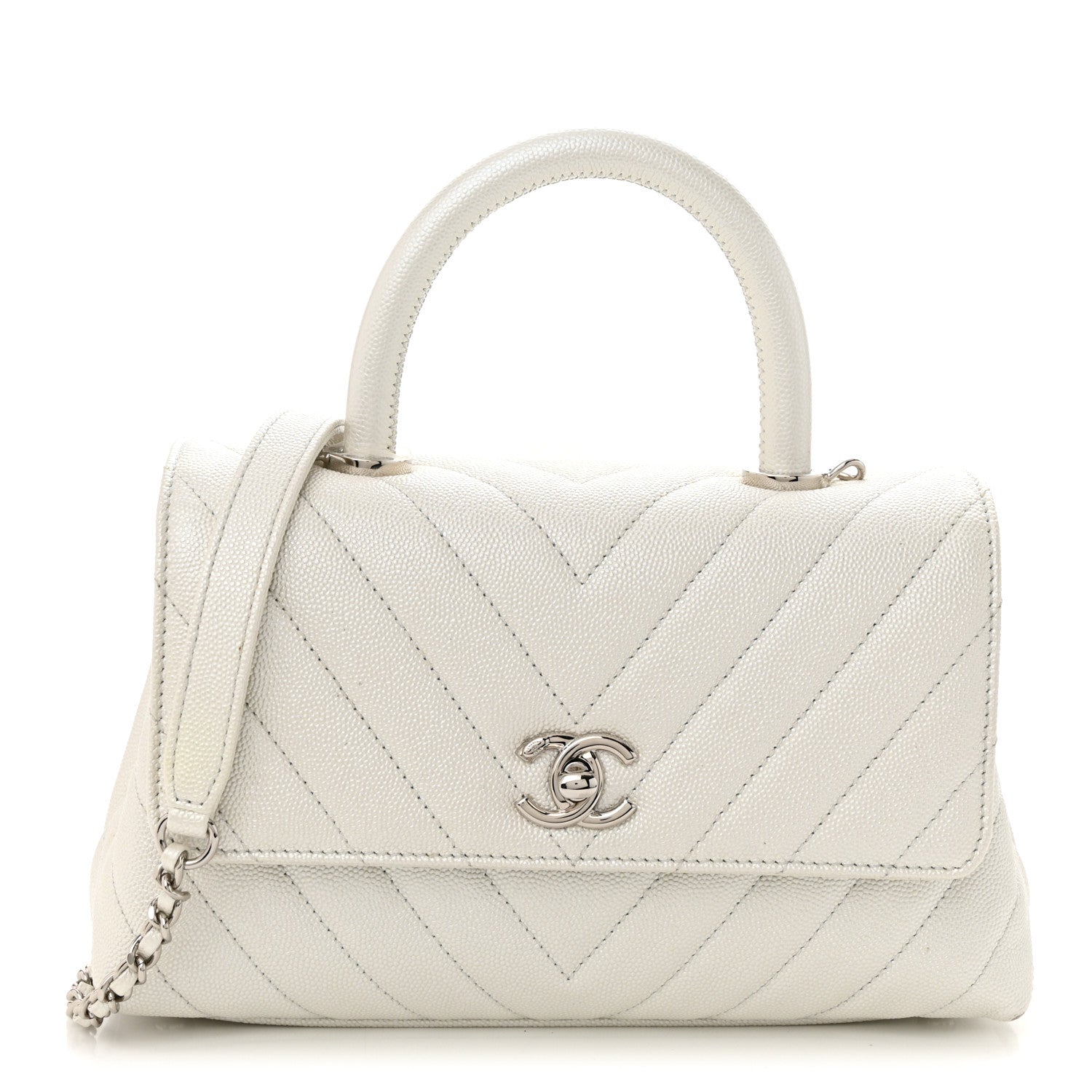 Chanel Iridescent Caviar Chevron Quilted Mini Coco Handle Flap White 1 of 14