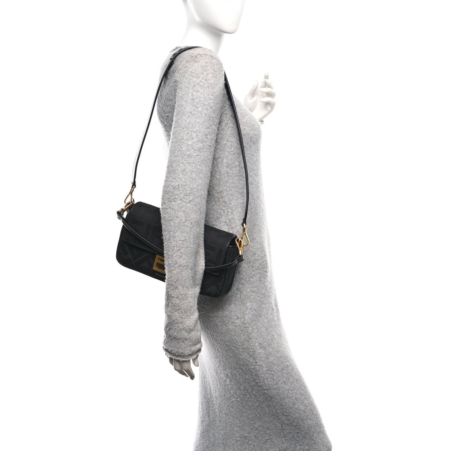 Canvas Vitello King Extra Strap FF Embroidered Baguette Black