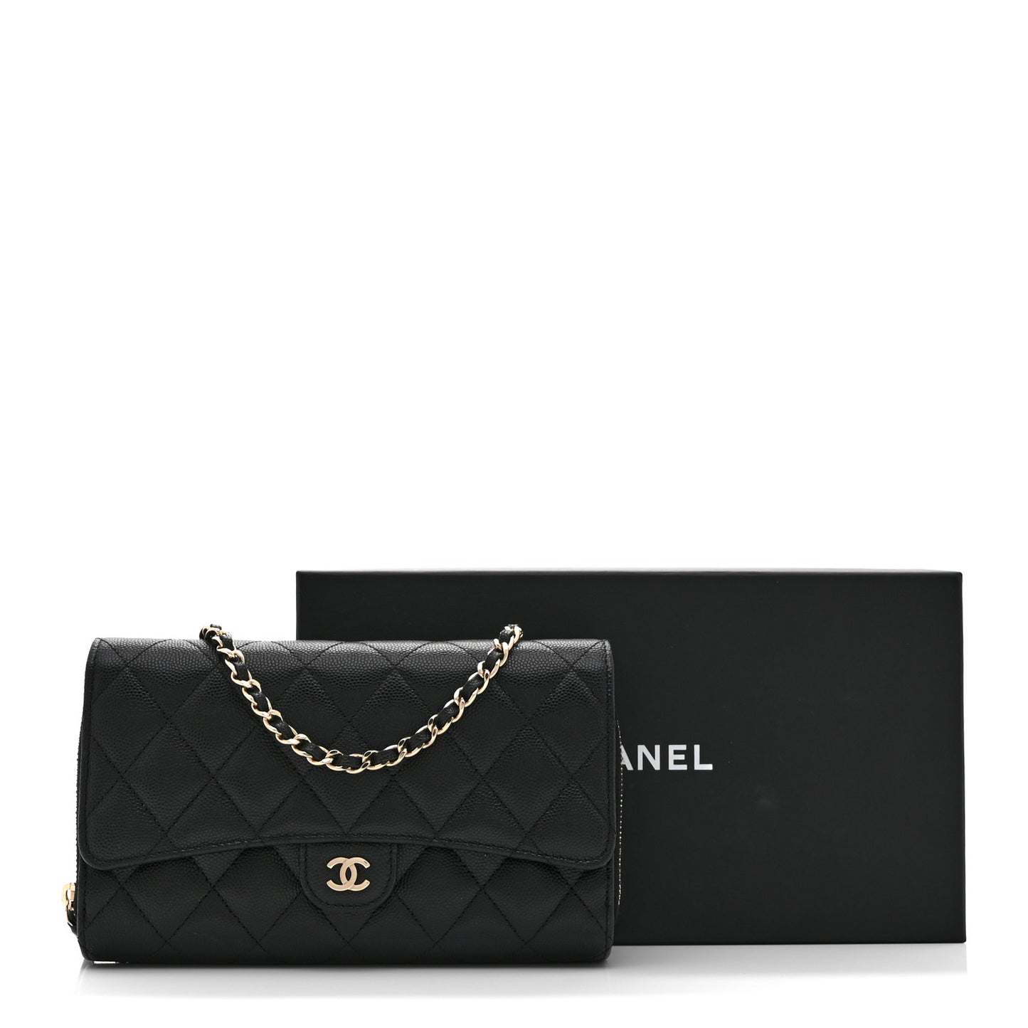 Caviar Quilted Phone Holder Wallet on Removable Chain Black
