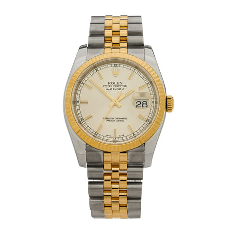 Stainless Steel 18K Yellow Gold 36mm Oyster Perpetual Datejust Watch Silver 116233