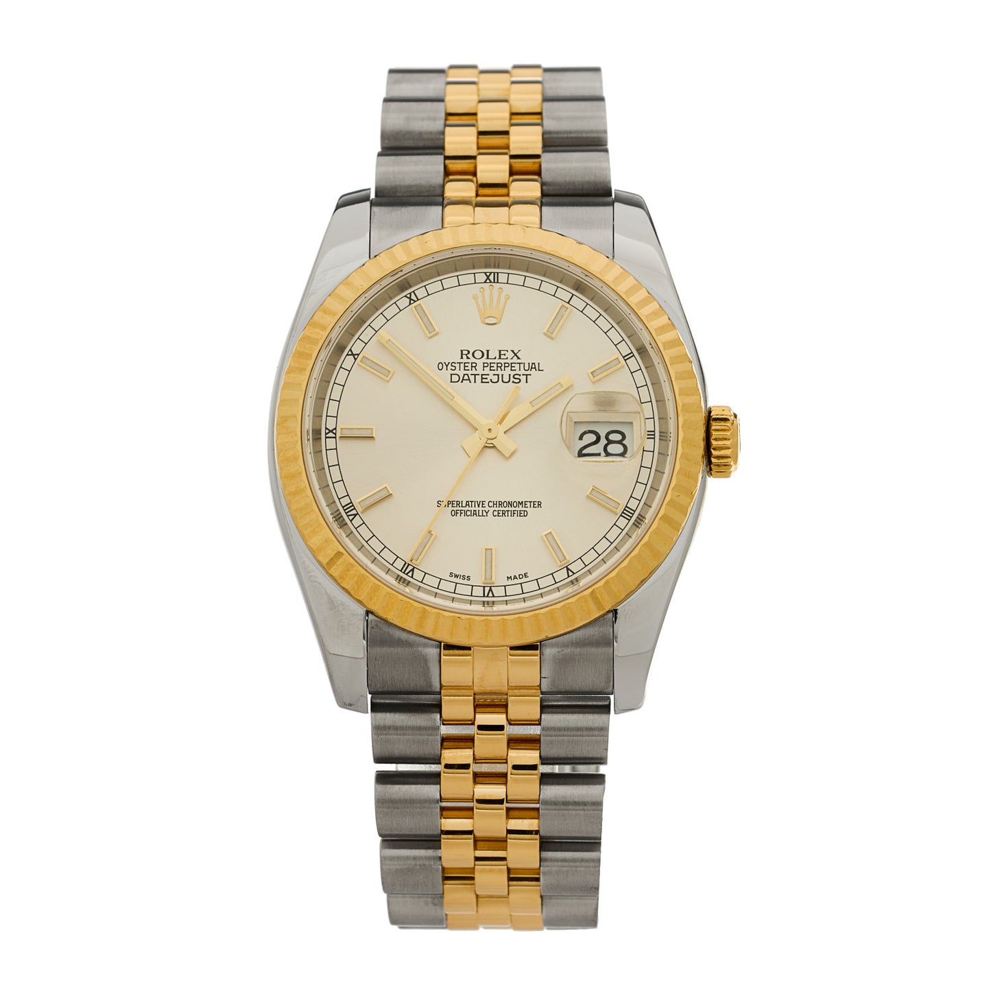 Stainless Steel 18K Yellow Gold 36mm Oyster Perpetual Datejust Watch Silver 116233
