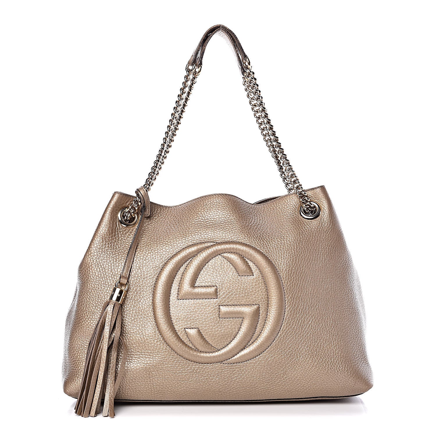 Gucci Metallic Pebbled Calfskin Medium Soho Chain Shoulder Bag Golden Beige 1 of 20
