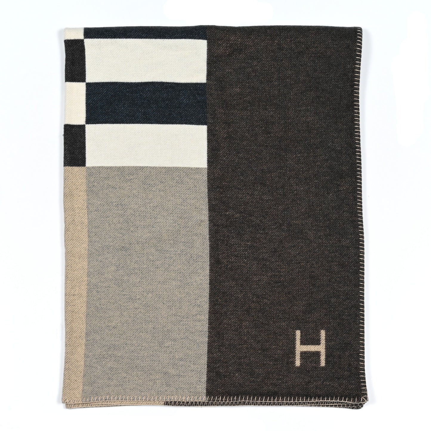 Wool Cashmere H Casaque Blanket Ecru Carbone