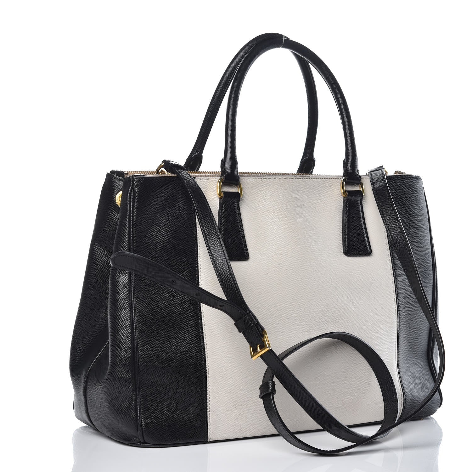 Prada Saffiano Lux Colorblock Medium Galleria Double Zip Tote Black Talco 3 of 16