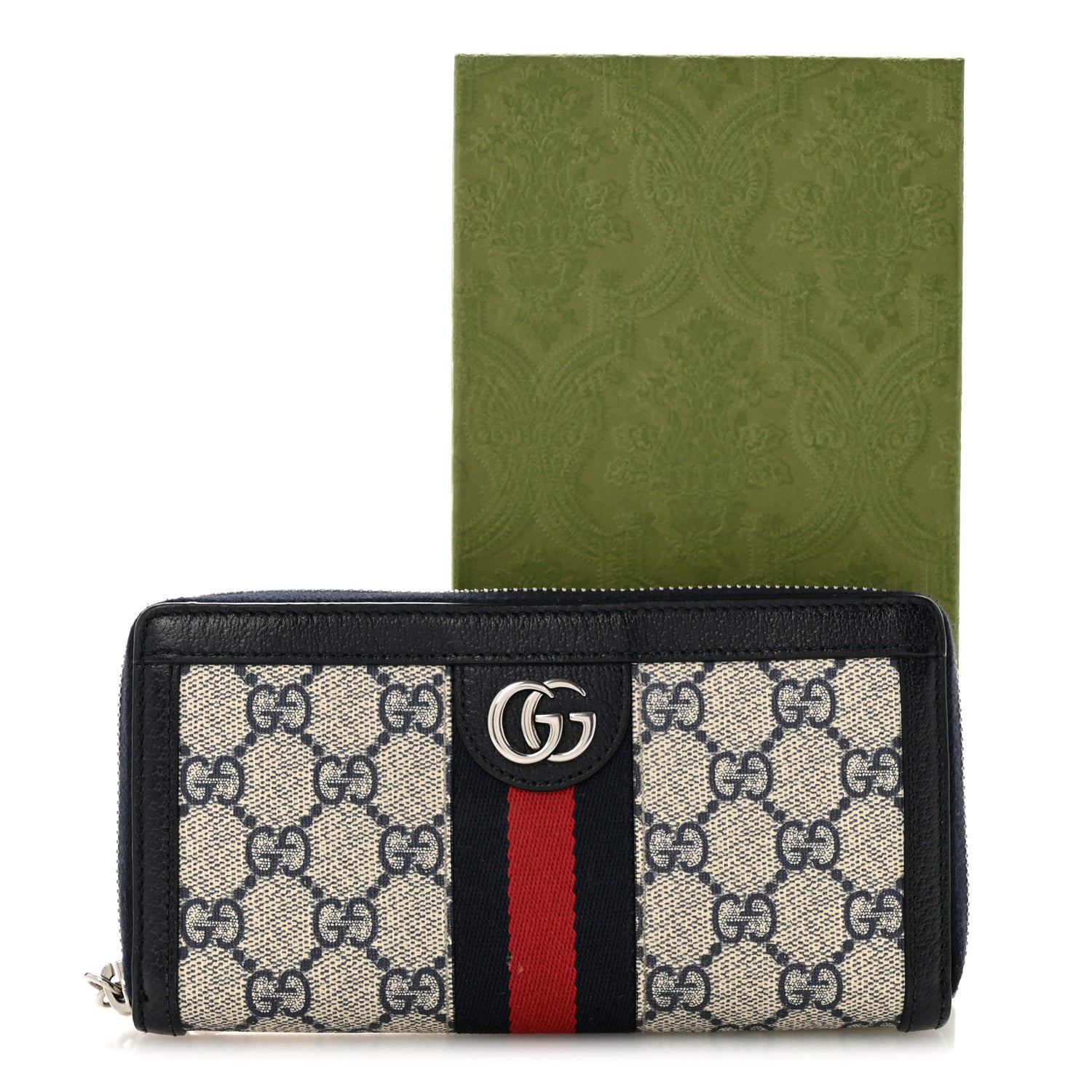 Gucci GG Supreme Monogram Textured Dollar Calfskin Web Ophidia Zip Around Wallet Beige Blue 11 of 11