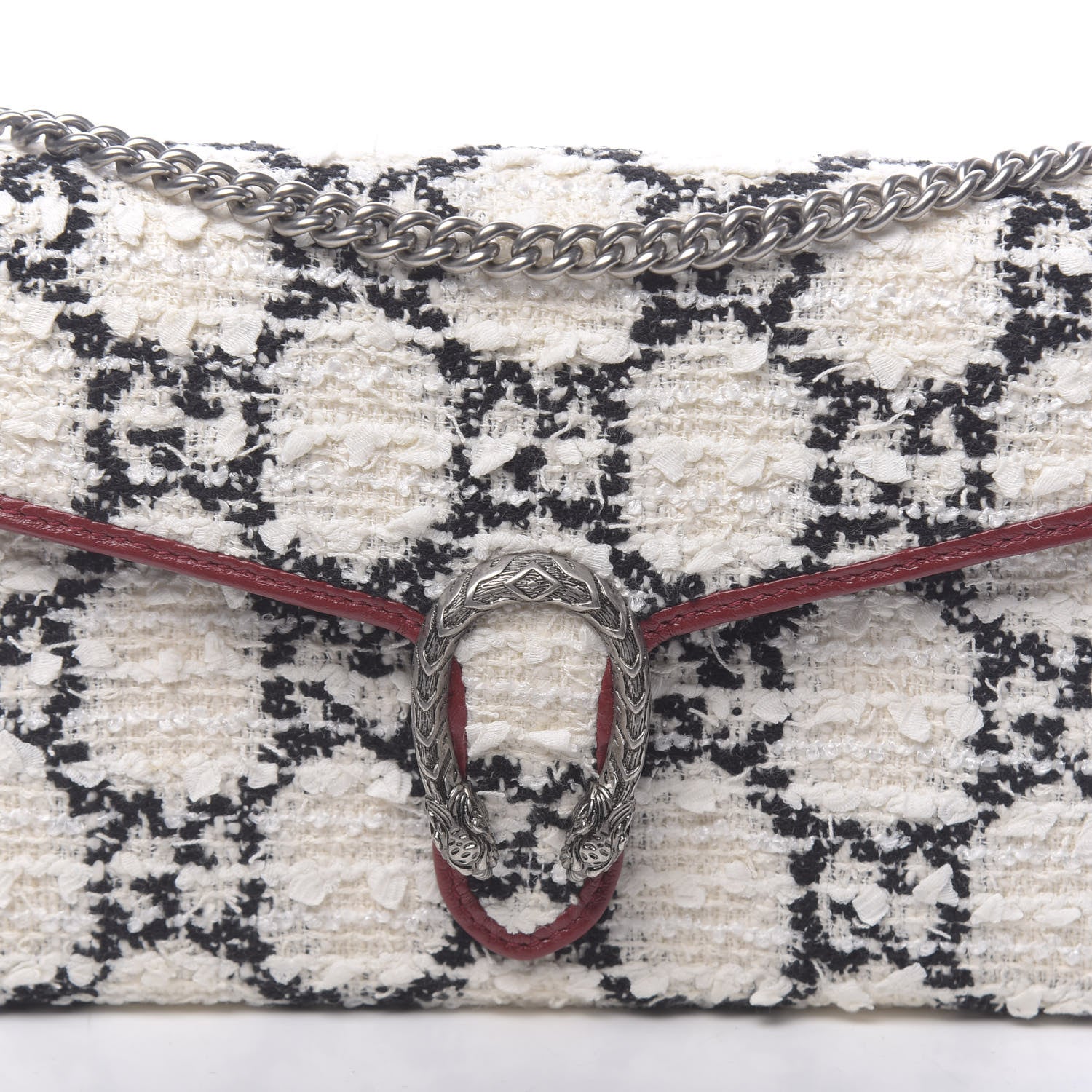 Gucci Tweed GG Monogram Mini Dionysus Chain Wallet White Black Romantic Cherry 10 of 10
