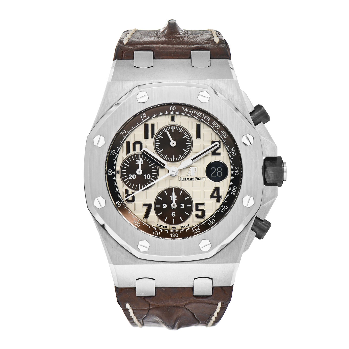 Stainless Steel Alligator 42mm Royal Oak Offshore Chronograph Automatic Watch Ivory 26470ST.OO.A801CR.01