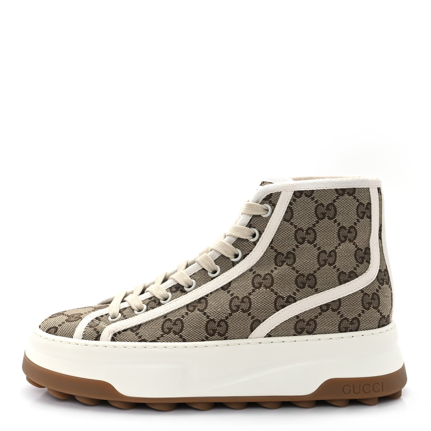 Gucci New Canvas GG Monogram Womens Tennis 1977 High Top 55mm Platform Sneakers 38.5 Beige Ebony Mystic White 1 of 9